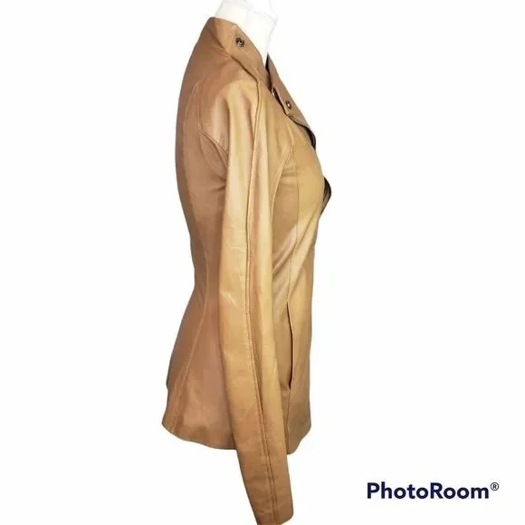 Rick Owens Calf Leather Asymmetrical Zip Jacket in Tan Honey Size 4 - Picture 3 of 16